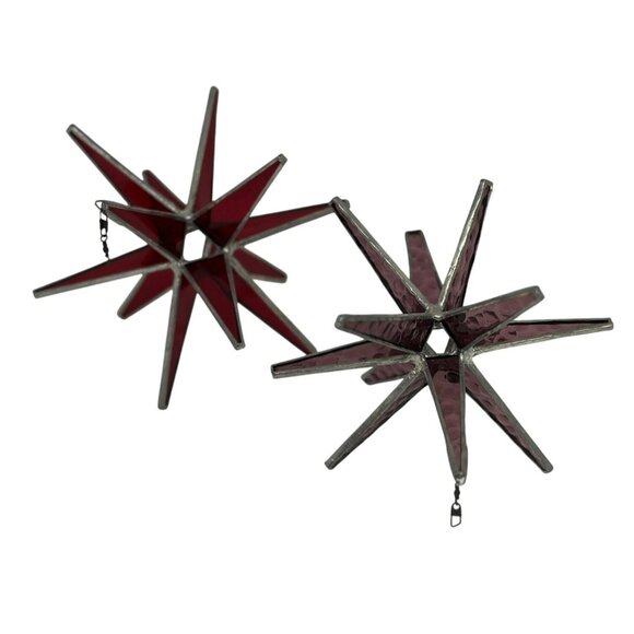 Set of 2 Red Moravian Star Ornaments – 3D Stained Glass Hanging Stars 5"x4.5" - Picture 1 of 10